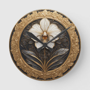 Relógio Redondo Desenho de Orquídea Dourada Elegante