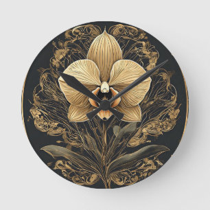 Relógio Redondo Desenho de Orquídea Dourada Elegante