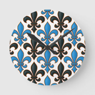 Relógio Redondo Desenho de padrão Barroco Flor-de-lis Preto Azul