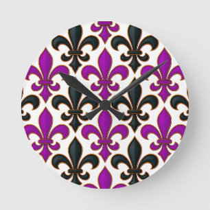 Relógio Redondo Desenho de padrão Barroco Flor-de-lis Preto Roxo