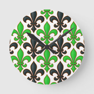 Relógio Redondo Desenho de padrão Barroco Flor-de-lis Preto Verde