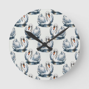 Relógio Redondo Desenho de padrão de aves cisnes em branco