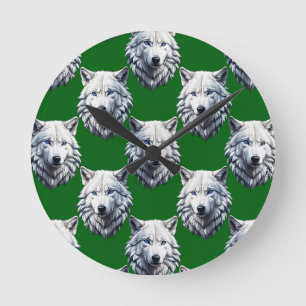 Relógio Redondo Desenho de padrão de cabeça de lobo branco verde
