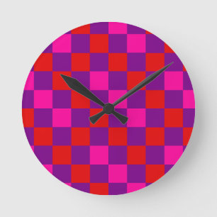 Relógio Redondo Desenho de padrão xadrez vermelho roxo rosa