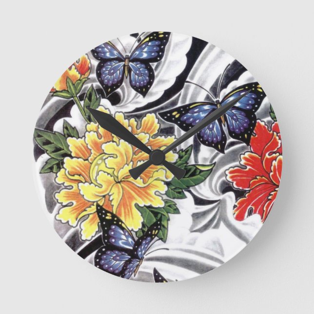 Relógio Redondo Desenho de Tatuagem de Peônia Amarela e Borboleta (Frente)
