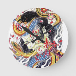 Relógio Redondo Desenho de Tatuagem Grotesca & de Cobra