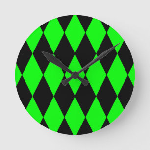 Relógio Redondo Desenho de Xadrez Diamantes Arlequim Preto Verde