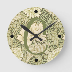 Relógio Redondo Desenho Floral Verde Monograma Wm Morris