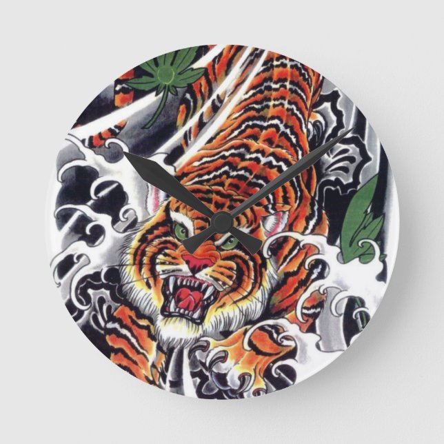Relógio Redondo Desenho Japonês de Tigre e Álamo (Frente)