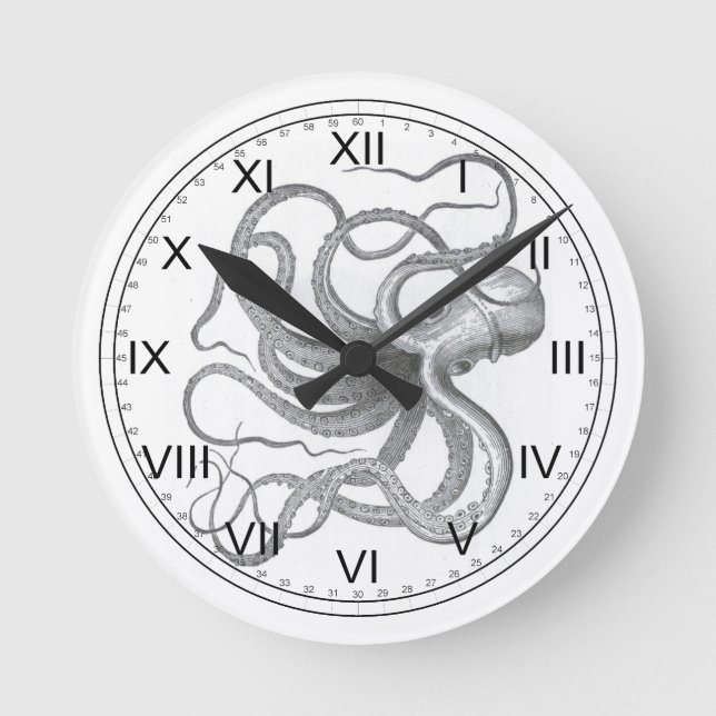 Relógio Redondo Desenho kraken vintage náutico (Frente)