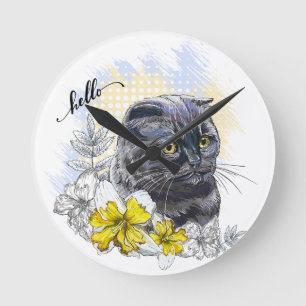 Relógio Redondo Desenho manual de gata britânica negra engraçada c