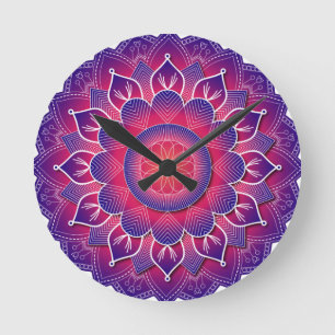 Relógio Redondo Desenho Tradicional de Mandala Roxo Azul   