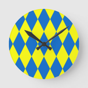 Relógio Redondo Desenho Xadrez Arlequim Amarelo Azul