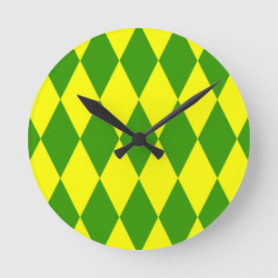 Relógio Redondo Desenho Xadrez Arlequim Amarelo Verde