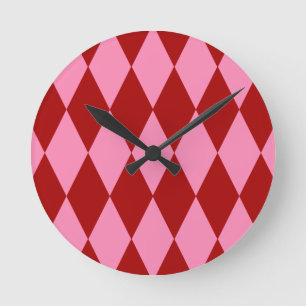 Relógio Redondo Desenho Xadrez Arlequim Rosa Vermelho