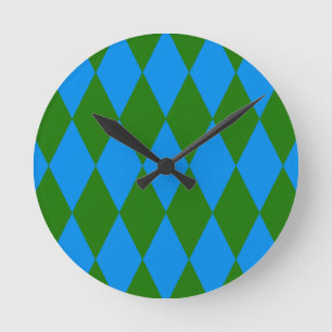 Relógio Redondo Desenho Xadrez Arlequim Verde Azul