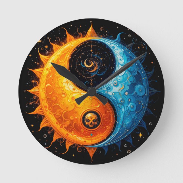Relógio Redondo Desenho Yin Yang Representando Sol e Lua (Frente)