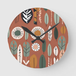 Relógio Redondo Design Boho Eclectic Flor de Campo Terracota Rústi