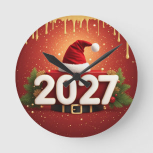 Relógio Redondo Design de Ano Novo 2027 Festivo Natal Dourado Ve