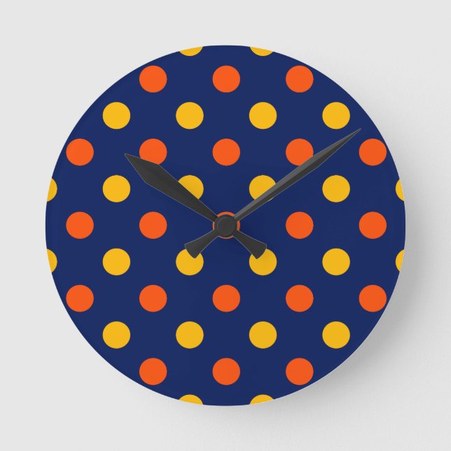 Relógio Redondo Design de Bolinhas Amarelas Laranja em Azul  (Frente)
