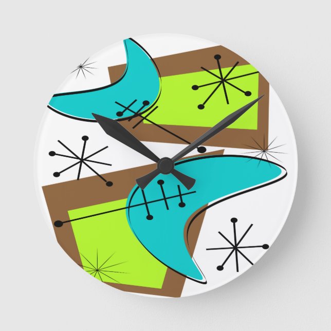 Relógio Redondo Design de Boomerang Inspirado na Era Atômica (Frente)