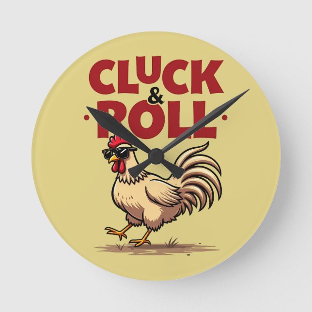 Relógio Redondo Design de Cartoon Legal "Cluck & Roll" engraçado (Frente)