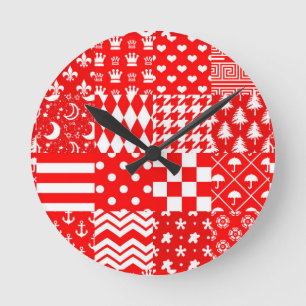 Relógio Redondo Design de Correção de Padrões Mistos Red White