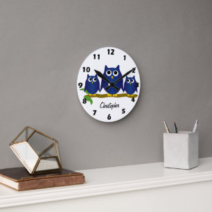 Relógio Redondo Design de Corujas Azul Personalizado