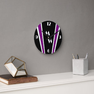 Relógio Redondo Design de Deco De Arte Preta E Roxa Monograma