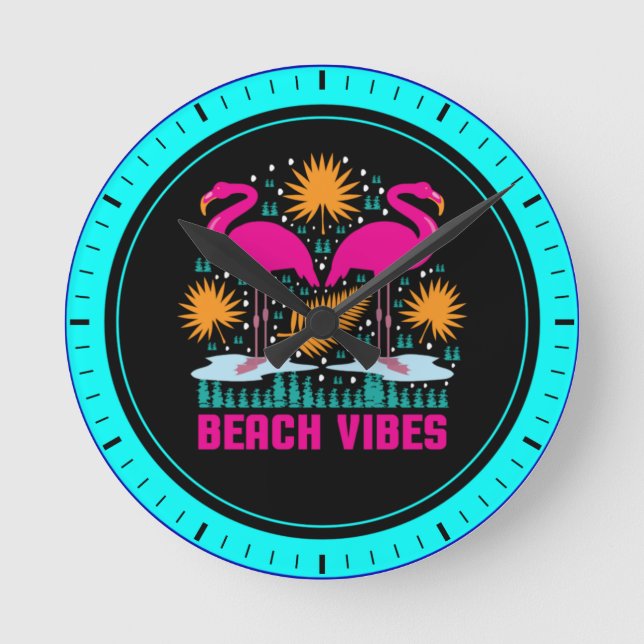 Relógio Redondo Design de Flamingos Rosa Vibes de Praia (Frente)