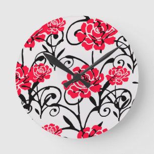 Relógio Redondo Design de Padrão de Ilustração Floral da rosa verm
