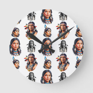 Relógio Redondo Design de Padrão de Tribo Indiano Nativo Americano