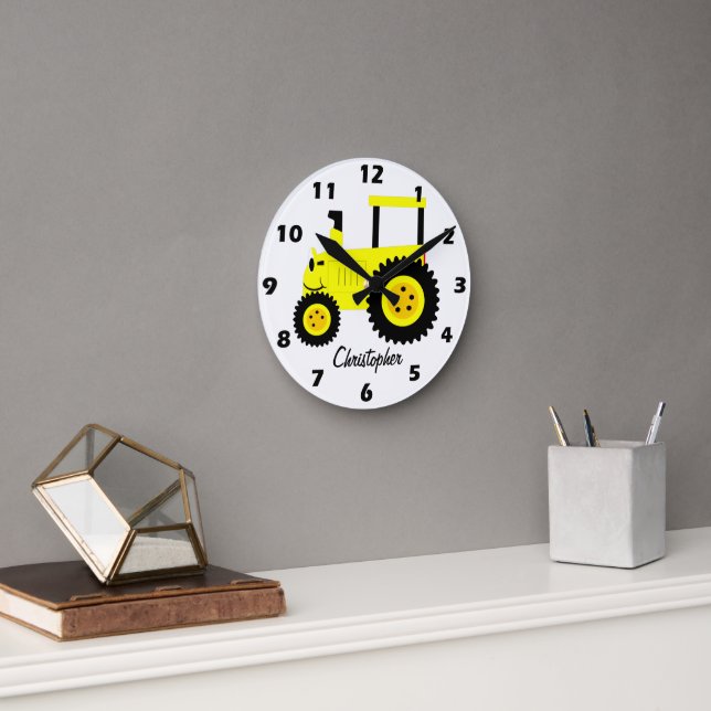 Relógio Redondo Design de Trator Amarelo Personalizado (Escritório)