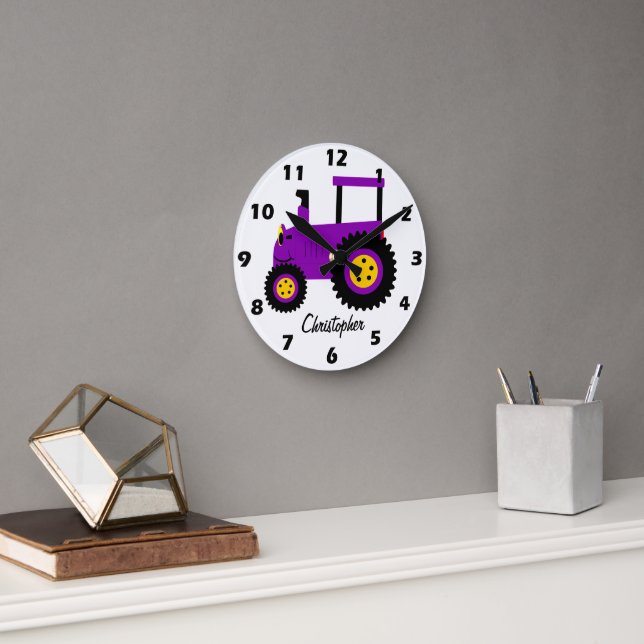 Relógio Redondo Design de Trator Roxo Personalizado (Escritório)