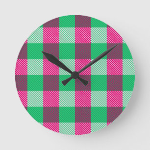 Relógio Redondo Design de Verificação de Gingham Verde Rosa