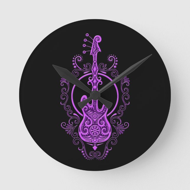 Relógio Redondo Design de Violão de Baixo Roxo em Preto (Frente)