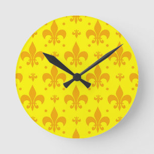 Relógio Redondo Design do padrão Fleur-de-lis amarelo