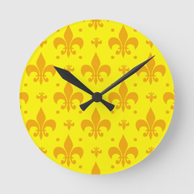Relógio Redondo Design do padrão Fleur-de-lis amarelo (Frente)