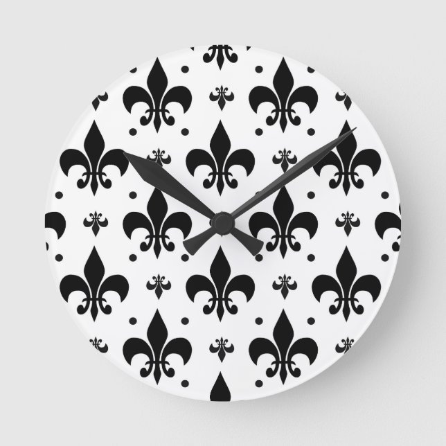 Relógio Redondo Design do padrão Fleur-de-lis de fundo branco (Frente)