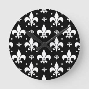 Relógio Redondo Design do padrão Fleur-de-lis preto