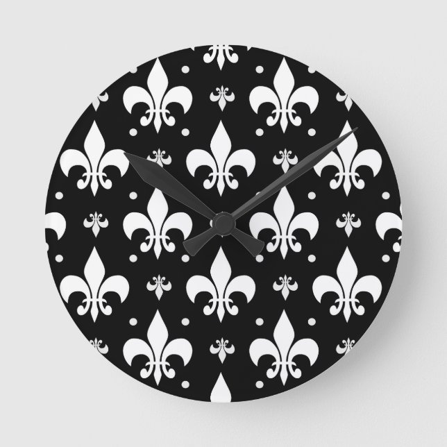 Relógio Redondo Design do padrão Fleur-de-lis preto (Frente)