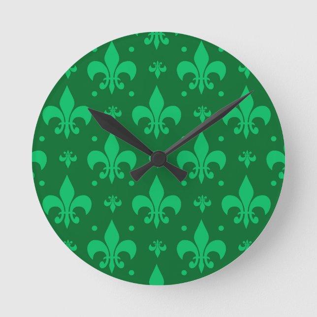 Relógio Redondo Design do padrão Fleur-de-lis verde (Frente)