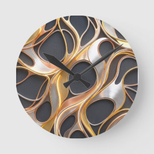 Relógio Redondo Design Metálico Fluido Abstrato dourado e prateado