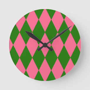 Relógio Redondo Design Xadrez Arlequim Rosa Verde
