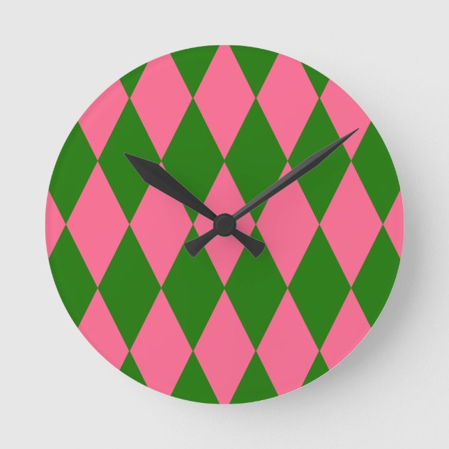 Relógio Redondo Design Xadrez Arlequim Rosa Verde (Frente)