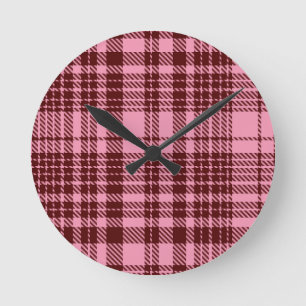 Relógio Redondo Design Xadrez Escocês de Burgundy e Rosa