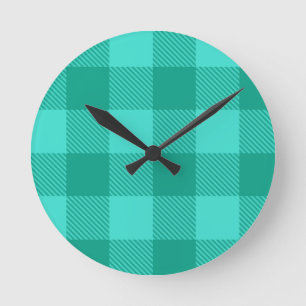 Relógio Redondo Design Xadrez Gingham em Azul Verde e Turquesa 