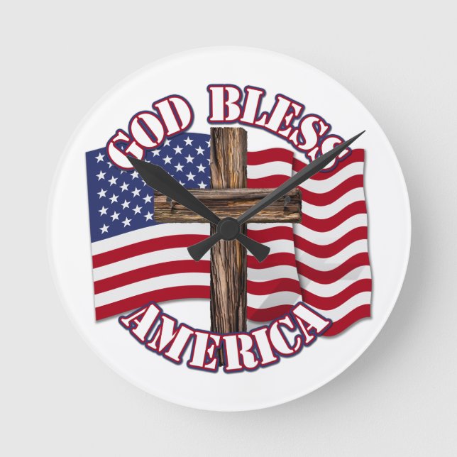 Relógio Redondo Deus abençoe americano com bandeira e cruz dos EUA (Frente)