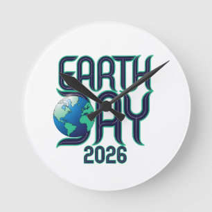 Relógio Redondo Dia da Terra 2026 Design Ecológico de Tipografia