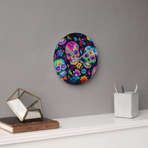 Relógio Redondo Dia dos Peles de Açúcar Neon Mortos